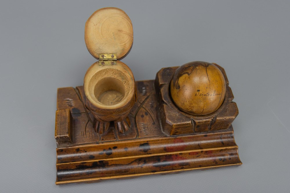 Hand-Carved Wooden Inkwell or Pen Stand with Owl Figure, 1920s