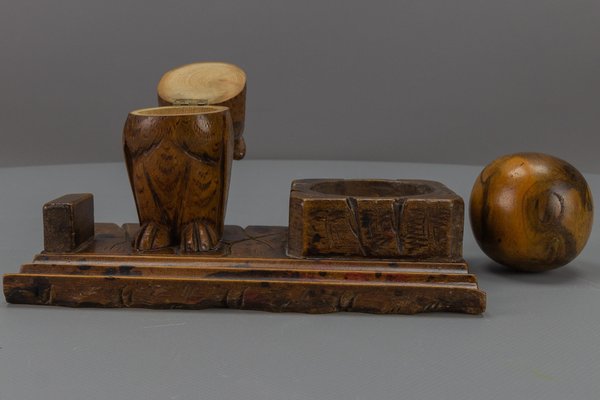 Hand-Carved Wooden Inkwell or Pen Stand with Owl Figure, 1920s-KEG-1773789