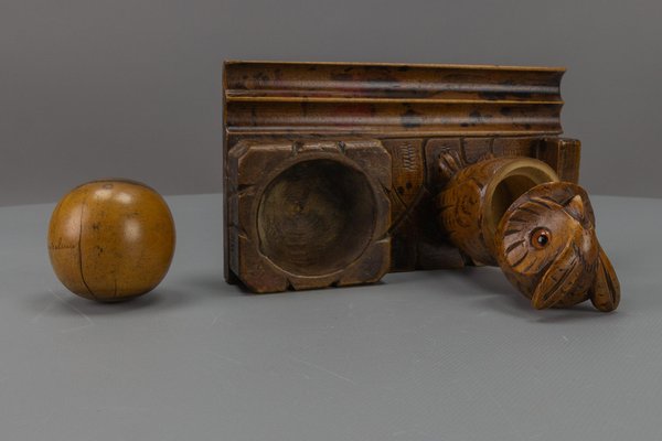 Hand-Carved Wooden Inkwell or Pen Stand with Owl Figure, 1920s-KEG-1773789