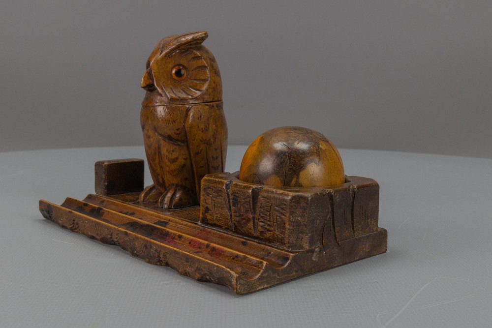 Hand-Carved Wooden Inkwell or Pen Stand with Owl Figure, 1920s