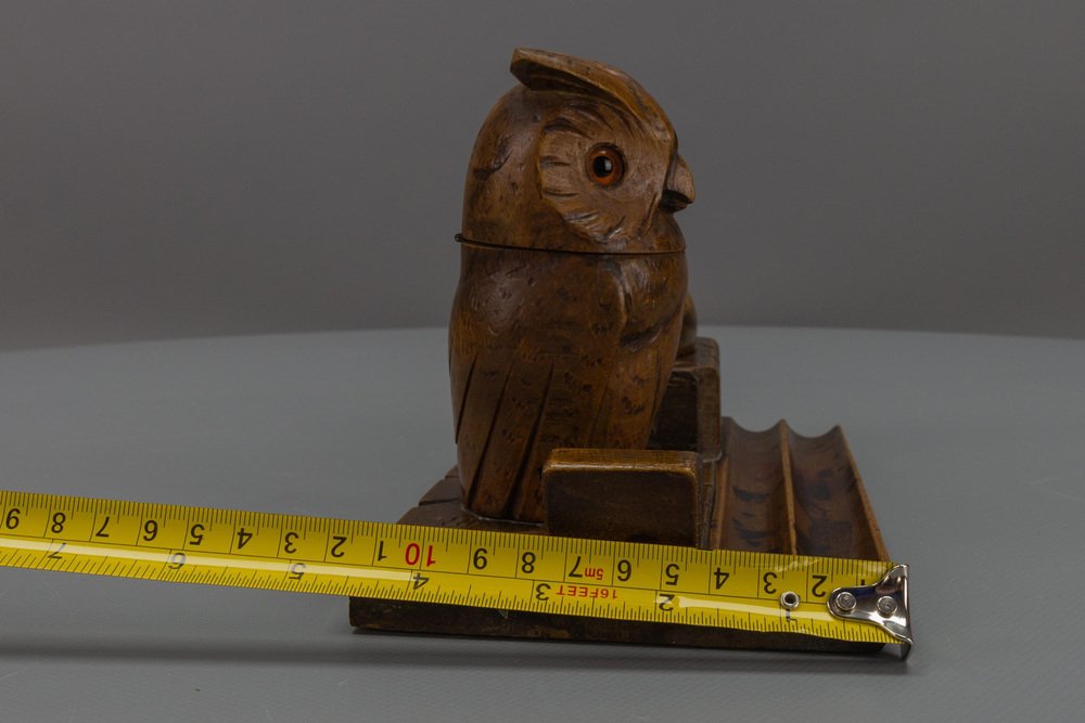 Hand-Carved Wooden Inkwell or Pen Stand with Owl Figure, 1920s