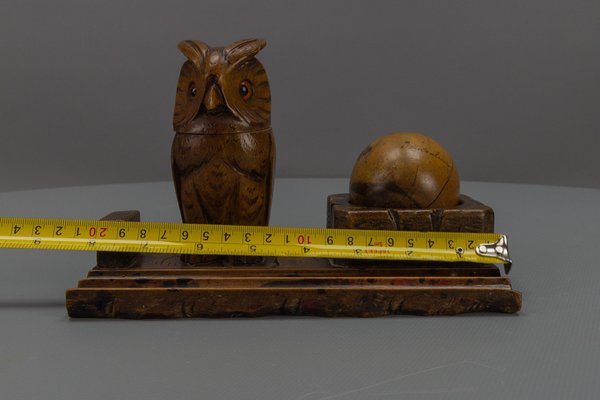 Hand-Carved Wooden Inkwell or Pen Stand with Owl Figure, 1920s-KEG-1773789