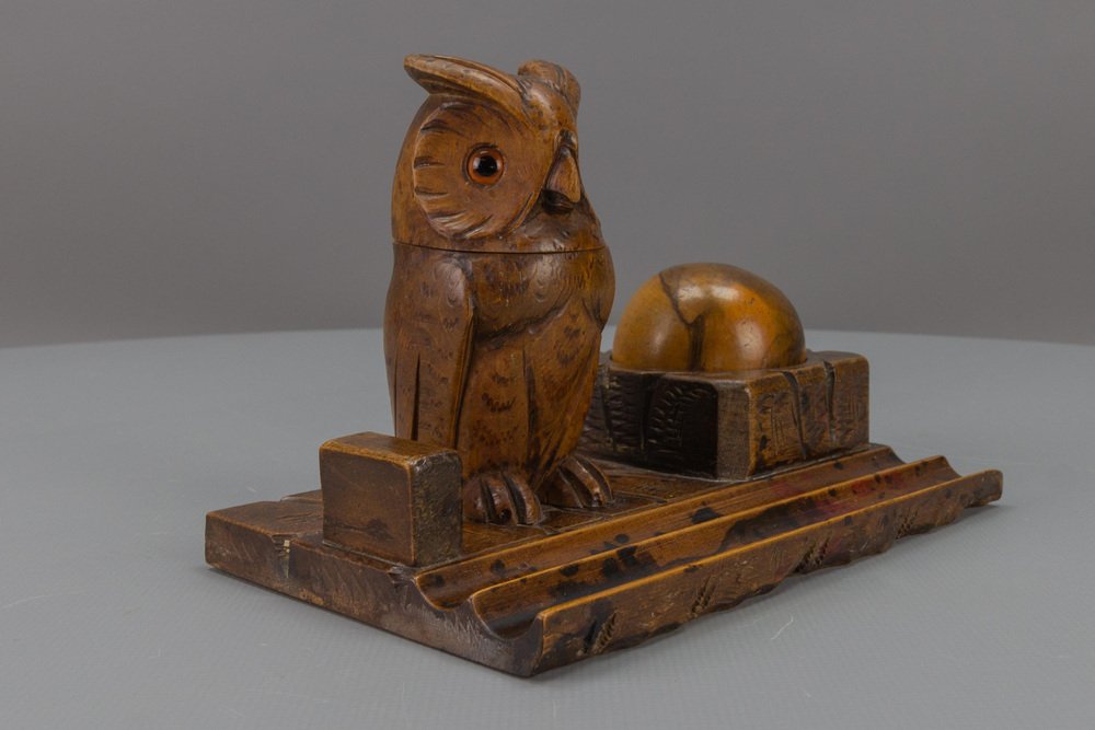 Hand-Carved Wooden Inkwell or Pen Stand with Owl Figure, 1920s