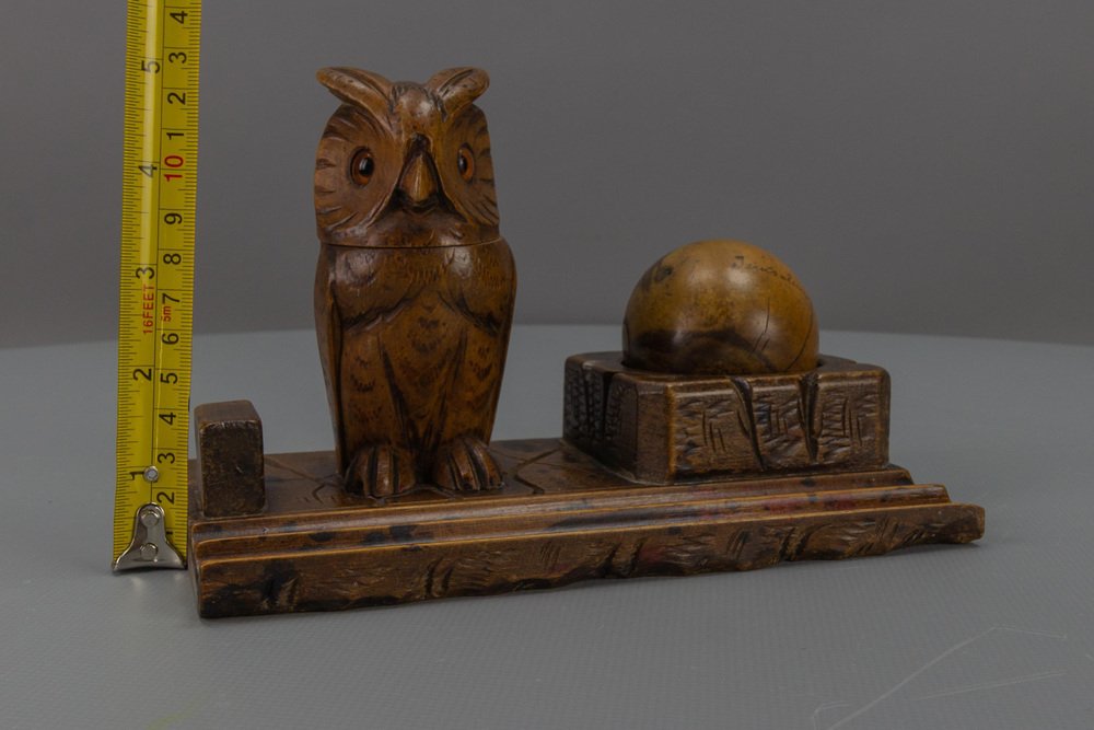 Hand-Carved Wooden Inkwell or Pen Stand with Owl Figure, 1920s