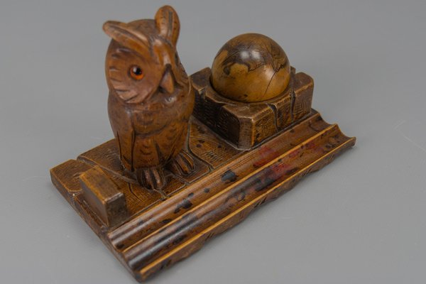 Hand-Carved Wooden Inkwell or Pen Stand with Owl Figure, 1920s-KEG-1773789