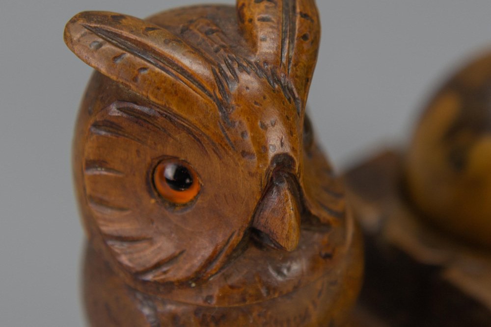 Hand-Carved Wooden Inkwell or Pen Stand with Owl Figure, 1920s