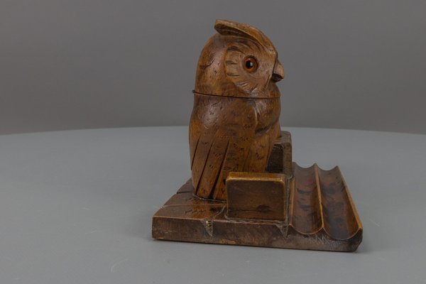 Hand-Carved Wooden Inkwell or Pen Stand with Owl Figure, 1920s-KEG-1773789