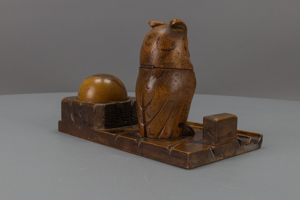 Hand-Carved Wooden Inkwell or Pen Stand with Owl Figure, 1920s