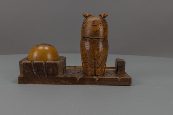 Hand-Carved Wooden Inkwell or Pen Stand with Owl Figure, 1920s-KEG-1773789