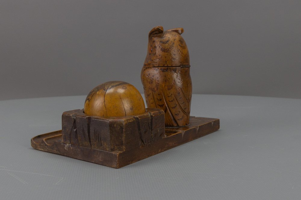 Hand-Carved Wooden Inkwell or Pen Stand with Owl Figure, 1920s