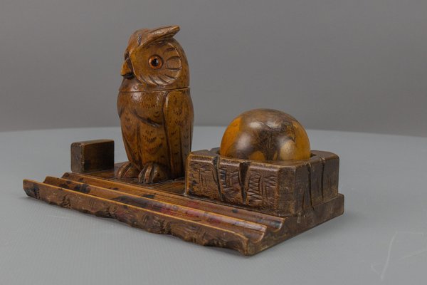 Hand-Carved Wooden Inkwell or Pen Stand with Owl Figure, 1920s-KEG-1773789