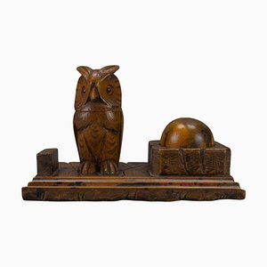 Hand-Carved Wooden Inkwell or Pen Stand with Owl Figure, 1920s-KEG-1773789