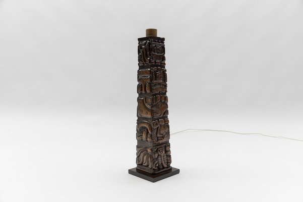 Hand Carved Wooden Mayan Totem Table Lamp by Temde Honduras, 1960s-KQB-1820961