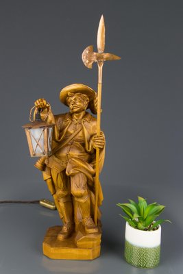 Hand Carved Wooden Sculpture Lamp Depicting Night Watchman with Lantern, Germany-KEG-1086478