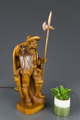 Hand Carved Wooden Sculpture Lamp Depicting Night Watchman with Lantern, Germany-KEG-1086478