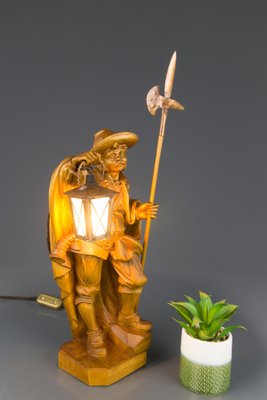 Hand Carved Wooden Sculpture Lamp Depicting Night Watchman with Lantern, Germany-KEG-1086478