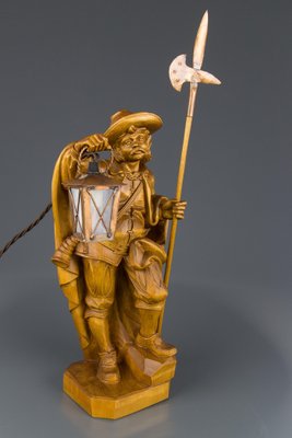 Hand Carved Wooden Sculpture Lamp Depicting Night Watchman with Lantern, Germany-KEG-1086478