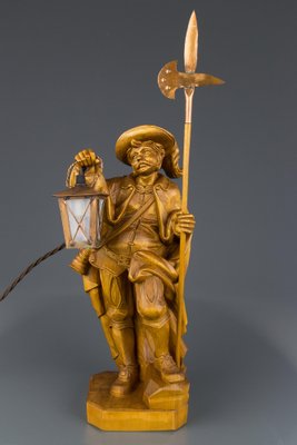 Hand Carved Wooden Sculpture Lamp Depicting Night Watchman with Lantern, Germany-KEG-1086478