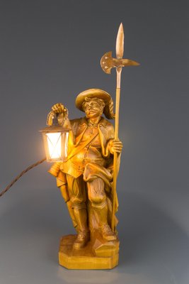 Hand Carved Wooden Sculpture Lamp Depicting Night Watchman with Lantern, Germany-KEG-1086478