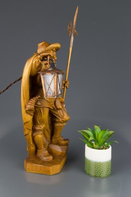 Hand Carved Wooden Sculpture Lamp Depicting Night Watchman with Lantern, Germany-KEG-1086478