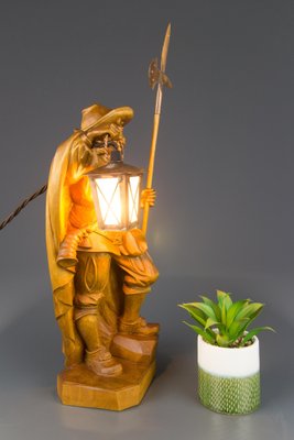 Hand Carved Wooden Sculpture Lamp Depicting Night Watchman with Lantern, Germany-KEG-1086478