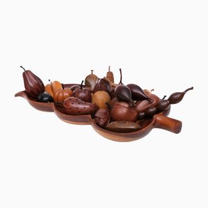 Hand-Carved Wooden Tropical Fruit Basket, 1985, Set of 21-GCG-1377244