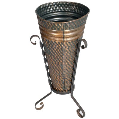 Hand-Embossed Umbrella Stand in Burnished Brass and Wrought Iron, 1940s-NJV-1033416