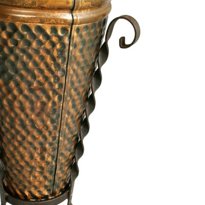 Hand-Embossed Umbrella Stand in Burnished Brass and Wrought Iron, 1940s-NJV-1033416