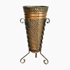 Hand-Embossed Umbrella Stand in Burnished Brass and Wrought Iron, 1940s-NJV-1033416