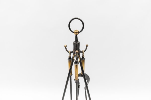 Hand Forged Iron and Brass Tripod Stand with Fireplace Tools, Austria, 1950s, Set of 4-KQB-1768397