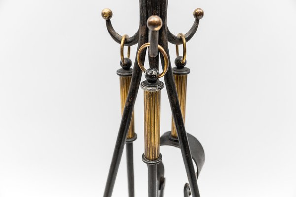 Hand Forged Iron and Brass Tripod Stand with Fireplace Tools, Austria, 1950s, Set of 4-KQB-1768397