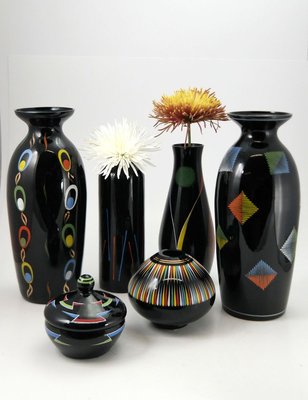 Hand Painted Black Glass Vase from VEB Kunstglas Arnstadt, 1960s-UWE-788319