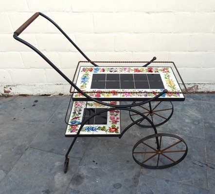 Hand Painted Ceramic Tiles and Wrought Iron Bar Cart Trolley by N. Teplow, 1950s-AWL-1703772