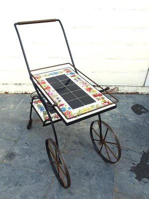 Hand Painted Ceramic Tiles and Wrought Iron Bar Cart Trolley by N. Teplow, 1950s-AWL-1703772