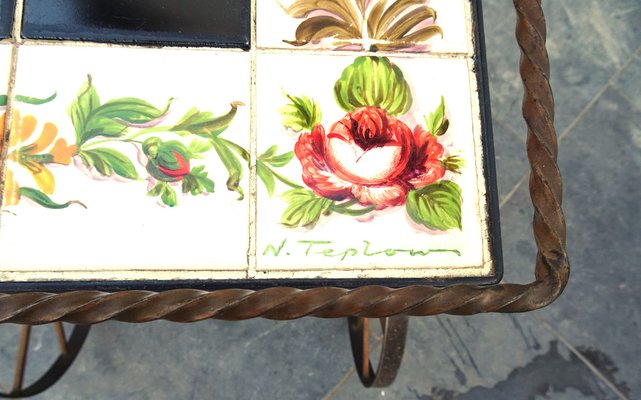 Hand Painted Ceramic Tiles and Wrought Iron Bar Cart Trolley by N. Teplow, 1950s-AWL-1703772