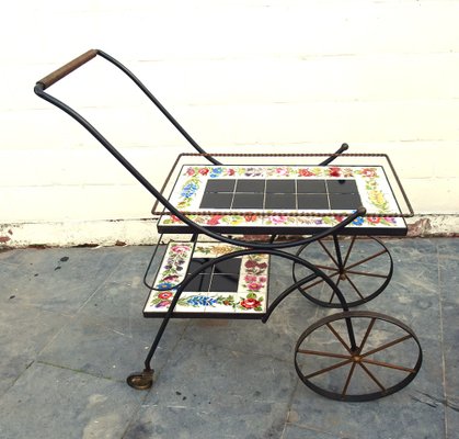 Hand Painted Ceramic Tiles and Wrought Iron Bar Cart Trolley by N. Teplow, 1950s-AWL-1703772