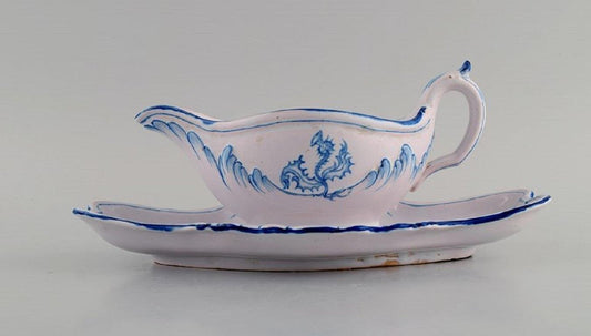 Hand-Painted Faience Sauce Boat by Emile Galle for St. Clement, Nancy