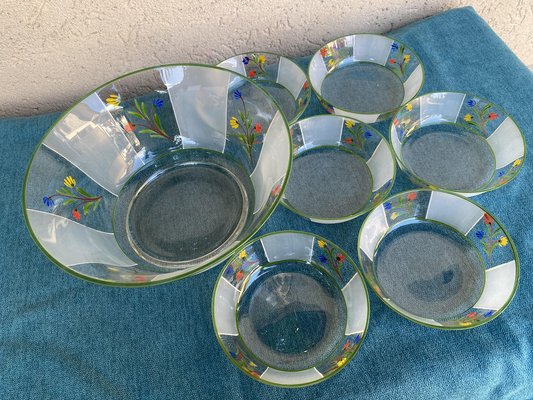 Hand-Painted Flower Patterned Glass Bowls, Hungary, 1950s, Set of 7-OXJ-1373117