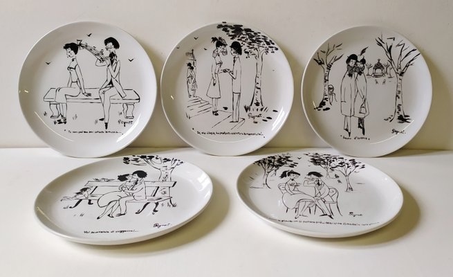 Hand-Painted Plates by Raimond Peynet for SCI Laveno, 1960s, Set of 5-EI-1091745