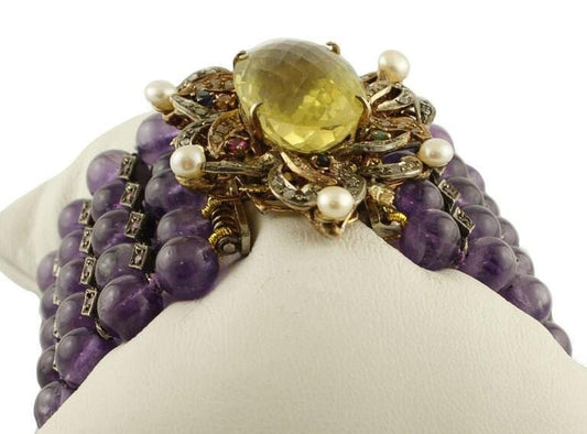 Handcrafted Amethyst Topaz Diamond Ruby Emeralds Sapphire Pearls Gold Silver Bracelet