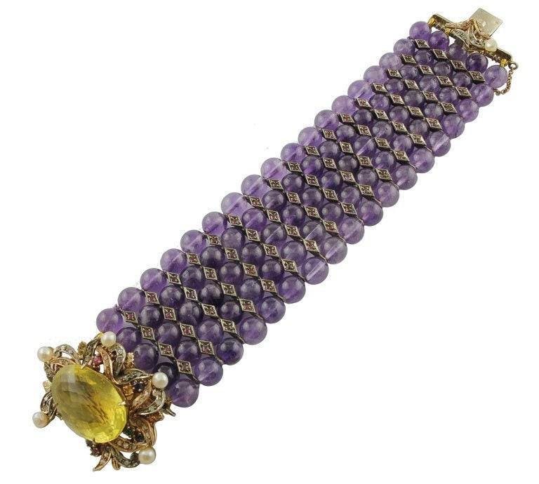 Handcrafted Amethyst Topaz Diamond Ruby Emeralds Sapphire Pearls Gold Silver Bracelet