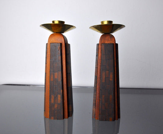 Handcrafted David Candlesticks in Olive Wood, Israel, 1960s, Set of 2