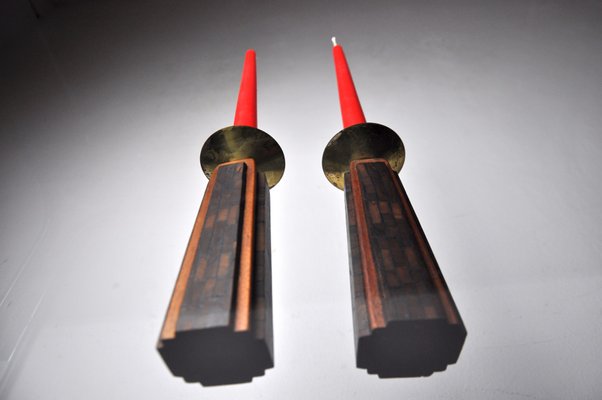 Handcrafted David Candlesticks in Olive Wood, Israel, 1960s, Set of 2