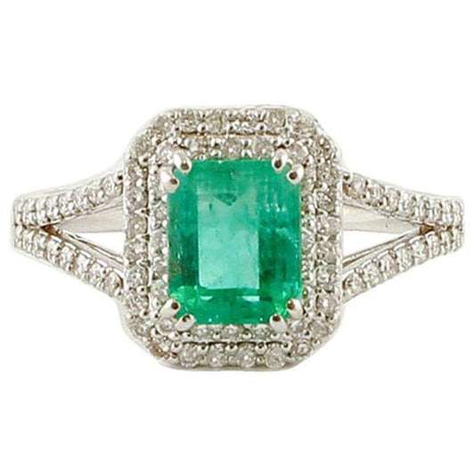 Handcrafted Engagement Ring with Emerald, Diamond and 18 Karat White Gold