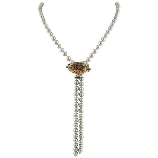 Handcrafted Necklace with Pearl, Diamond, Emerald, Rubies Sapphires and 14Kt Rose Gold