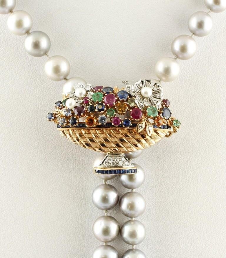 Handcrafted Necklace with Pearl, Diamond, Emerald, Rubies Sapphires and 14Kt Rose Gold