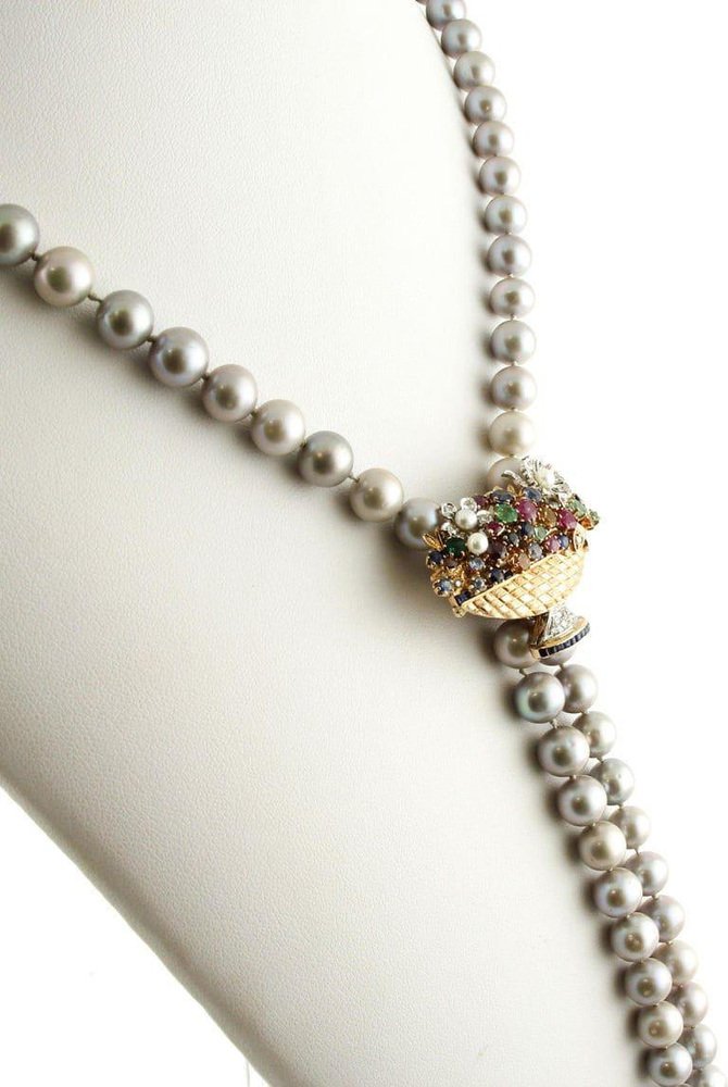 Handcrafted Necklace with Pearl, Diamond, Emerald, Rubies Sapphires and 14Kt Rose Gold