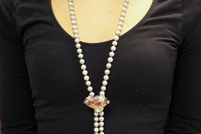 Handcrafted Necklace with Pearl, Diamond, Emerald, Rubies Sapphires and 14Kt Rose Gold