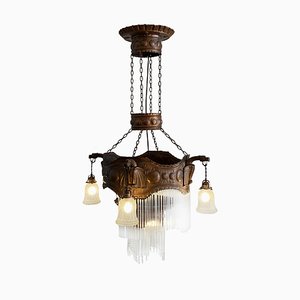 Handcrafted Secessionist Copper and Glass Dragon Chandelier, Austria or Hungary, 1900s-HWV-935859