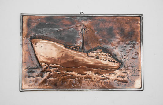 Handmade 3D Copper and Brass Ship Relief Mural